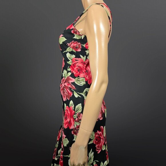 Vintage 90s Y2K Rose Print Black Midi Dress Size 8 Sleeveless Asymmetric Hem - Picture 4 of 9
